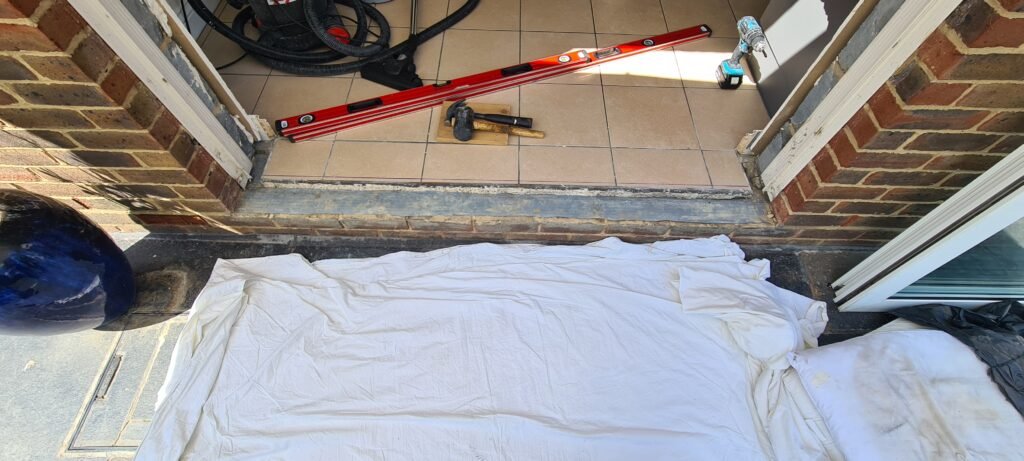 Tile and subfloor cut away with angle-grinder
