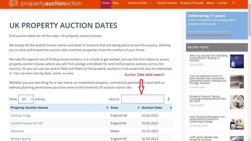 Auction Date table search