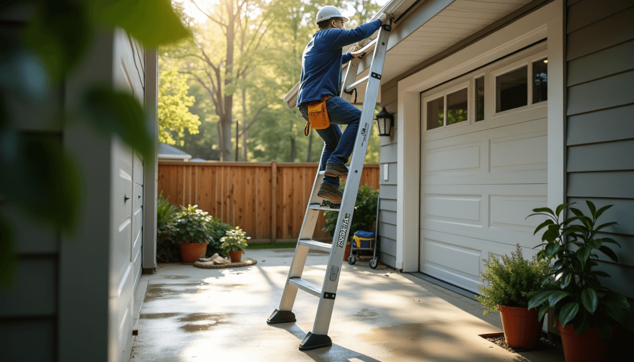 ladder being for guttering repair job