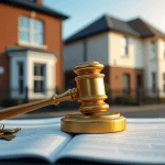 property auction gavel on the lecturn in front of a row of houses