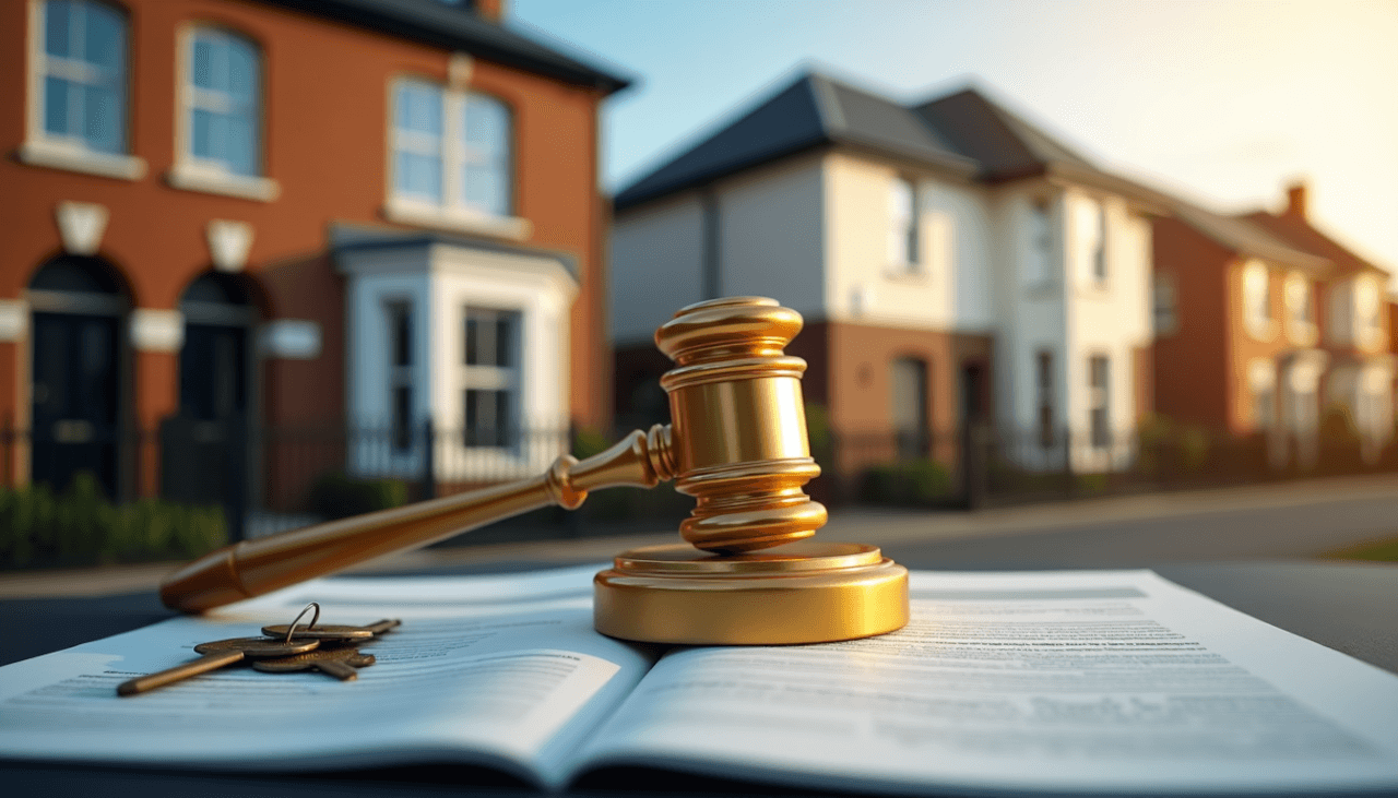 property auction gavel on the lecturn in front of a row of houses