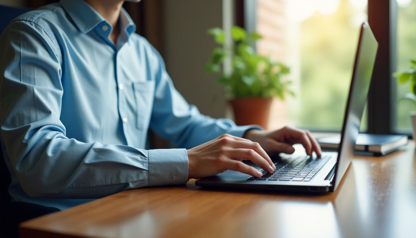 bidder sitting at a desk with a laptop for an online property auction